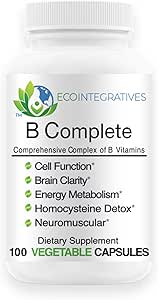 B Completo con folato, Todas las vitaminas B1, B2, B3, B6, B7, B9, B12 y Bitartato de Choline para la energía, la claridad cerebral, neuro, metabolismo 100 cápsulas veganas