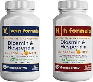 VitasupportMD - Vein &amp; H Fórmula Bundle - Soporte para Veinas Legislativas " Hemorrhoidal Veins - 2x60 Capsules - Diosmin " Hesperidin de 1000 mg MPFF, Extracto de semillas de castaño, Apoyo a la circulación, No GMO