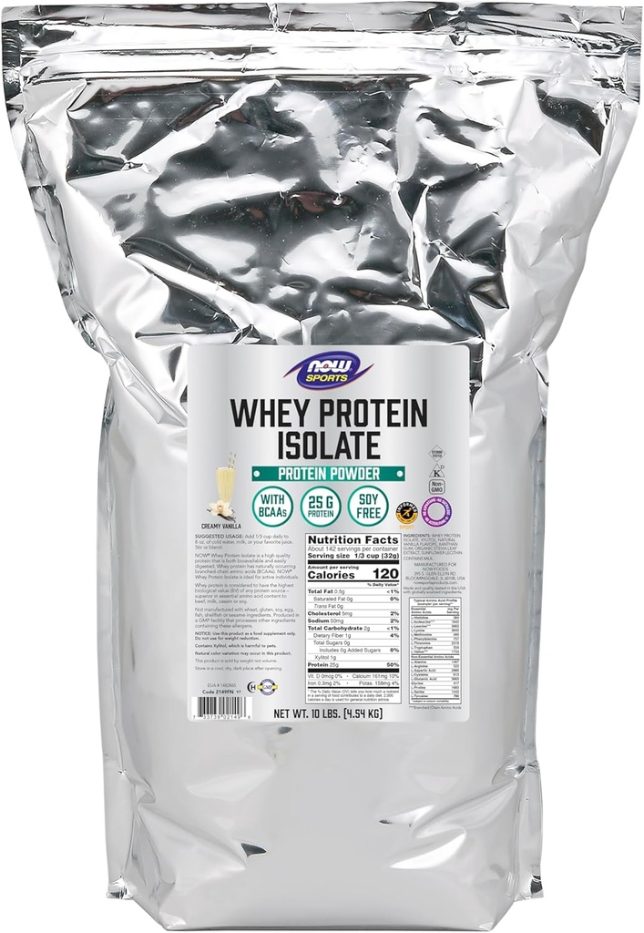 AHORA Foods Sports Nutrition, Whey Protein Isolate, 25 g Con BCAAs, Creamy Vanilla Powder, 10 libras