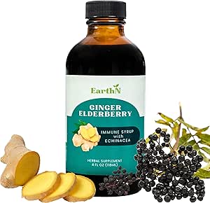 Ginger Elderberry Immune Defense Syrup with Echinacea, Vitamina C, Honey - Organic Super Premium Liquid - 100% Pura Ingredientes - Natural Immunity Support Suplemento (4 fl oz)