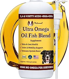 Natural Dog Company Ultra Omega Oil for Dogs a 2000 MG Omega 3, 6, 9 with Salmon, Pollock & Flaxseed Oil, EPA & DHA, Dog Supplement for Skin, Coat, Joints, Allergy & Itch Relief, Dog Fish Oil 16oz