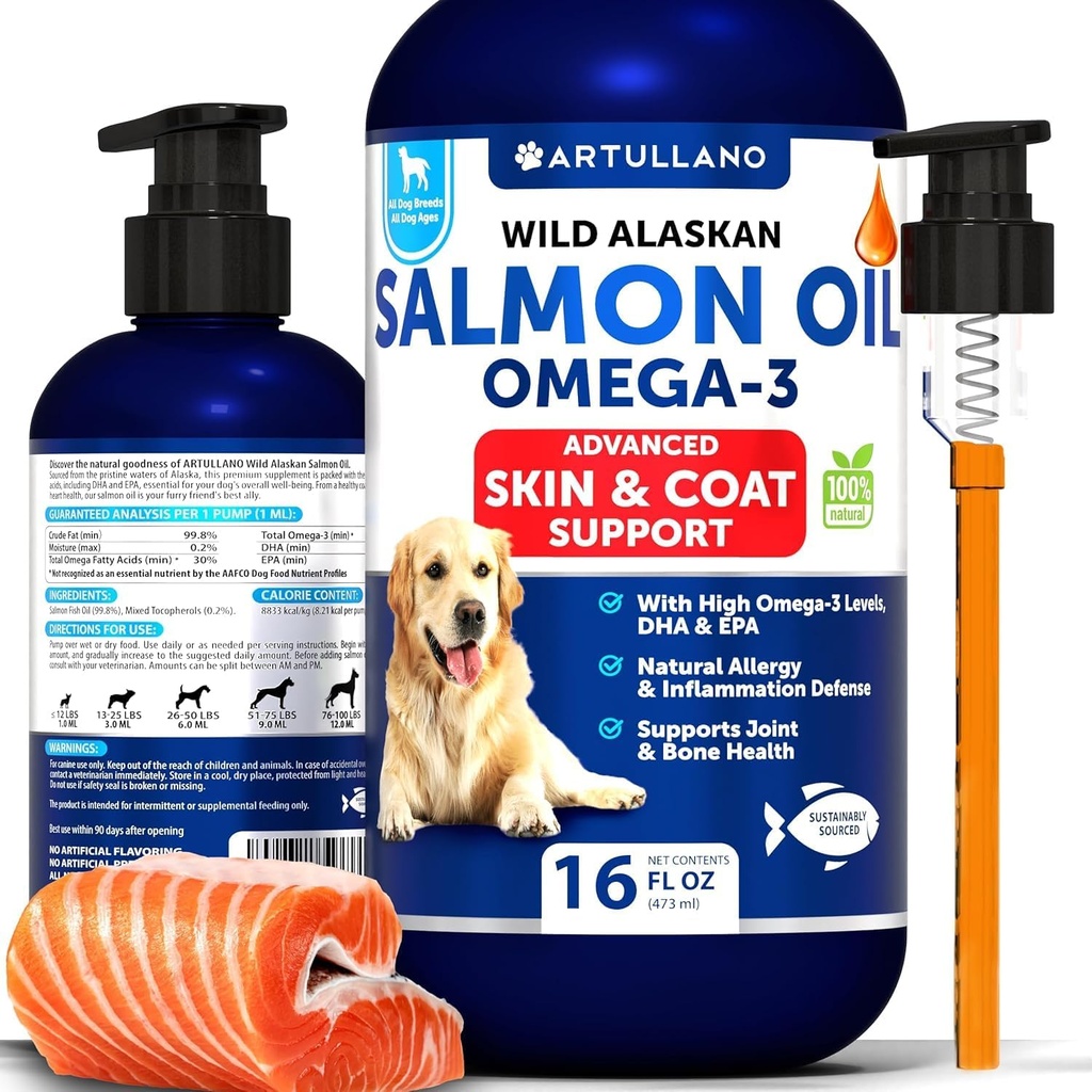 Aceite de salmón para perros - Omega 3 para perros - 16 FL OZ Aceite de pescado de salmón de Alaska silvestre - EPA natural &amp; DHA Ácidos grasos para la piel " La alergia, la salud conjunta de los huesos - Suplemento de apoyo líquido para la boda