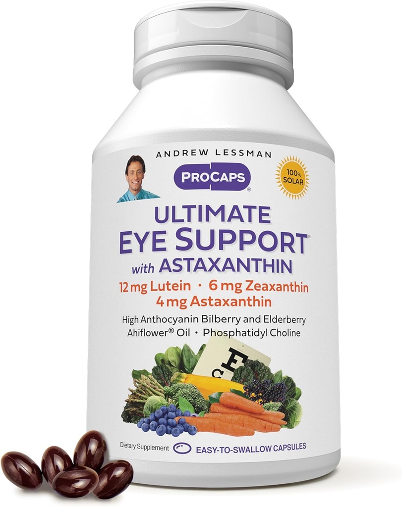 ANDREW LESSMAN Ultimate Eye Support with Astaxanthin 60 Softgels - 12mg Lutein, 6mg Zeaxanthin, 4mg Astaxanthin, Bilberry. Nutrientes clave para apoyar la salud de los ojos, promover una visión saludable. No hay aditivos