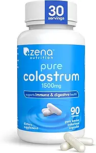 Zena Nutrition Pure Colostrum Capsules, 1500mg Suplemento, Grass Fed Bovine Colostrum, Supports Immune and Digestive Health, Promotes Gut Health, Gluten Free, Fat Free, 1 Month Supply, 90 Capsules