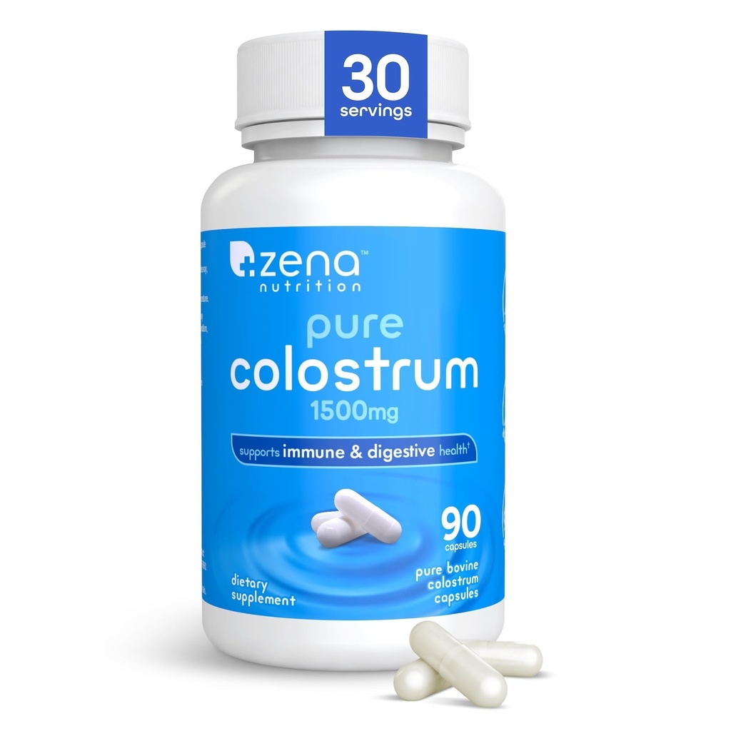 Zena Nutrition Pure Colostrum Capsules, 1500mg Suplemento, Grass Fed Bovine Colostrum, Supports Immune and Digestive Health, Promotes Gut Health, Gluten Free, Fat Free, 1 Month Supply, 90 Capsules