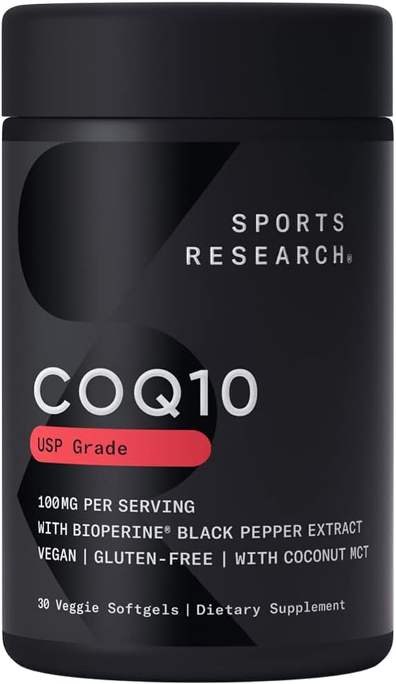 Sports Research CoQ10 (100mg) Enhanced w/Coconut Oil & Bioperine (Black Pepper) for Better Absorption ¦ Vegan, Non-GMO Verified (30 Veggie Softgels)