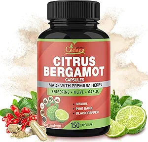 Cadane Citrus Bergamot Suplemento cápsulas con Berberine, Olive, Guggul, Ajo, Pine Bark, Black Pepper - 150 cápsulas para 5 meses de suministro
