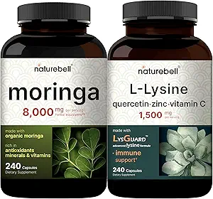 NatureBell Moringa Oleifera 8000mg Por Serving &amp; L-Lysine 1000mg Capsule Bundle Pack ← Superfood Antioxidante ← Forma libre Aminoácidos, L Lysine Complex