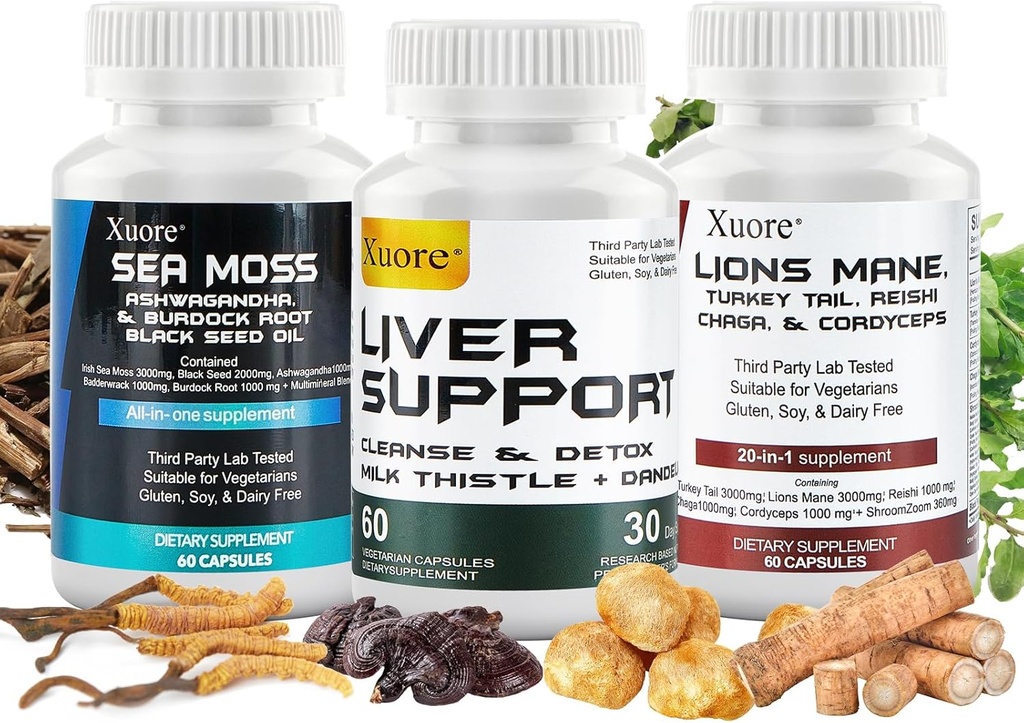 Sea Moss, Black Seed Oil,Mushroom & Herb Supplement with Lions Mane, Turkey Tail, Reishi, Cordyceps, Chaga,And Liver Cleanse and Detox & Repair - with Milk Thistle ,All In One Supplment (3 paquetes).