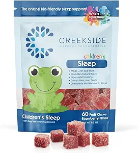 Creekside Naturals Lágrimas de frutas del sueño real de los niños, 0,5 mg Melatonina Suplemento de sueño con manzanilla, Gummies Vegan Formulados, Sabor de Fresa, 60 Píldoras de frutas