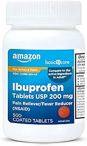 Cuidado básico Ibuprofeno Tablas 200 mg, Dolor de Dolor/Cualquier Reductor de Dolor, Dolor de Cuerpo, Dolor de Cabeza, Alivio de Dolor de Artritis y Más, 500 Conde (Paquete puede variar)