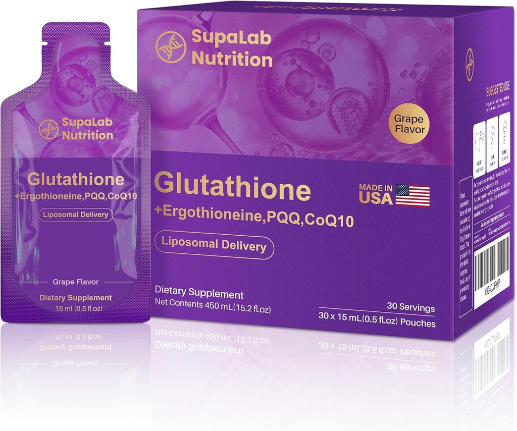 Suplemento Liposomal Glutathione – 500mg Glutathione con PQQQ, CoQ10 & Vitamina C – Antioxidante de alta absorción para el soporte energético de inmunológico – Flavor de uva, 30 Pouch