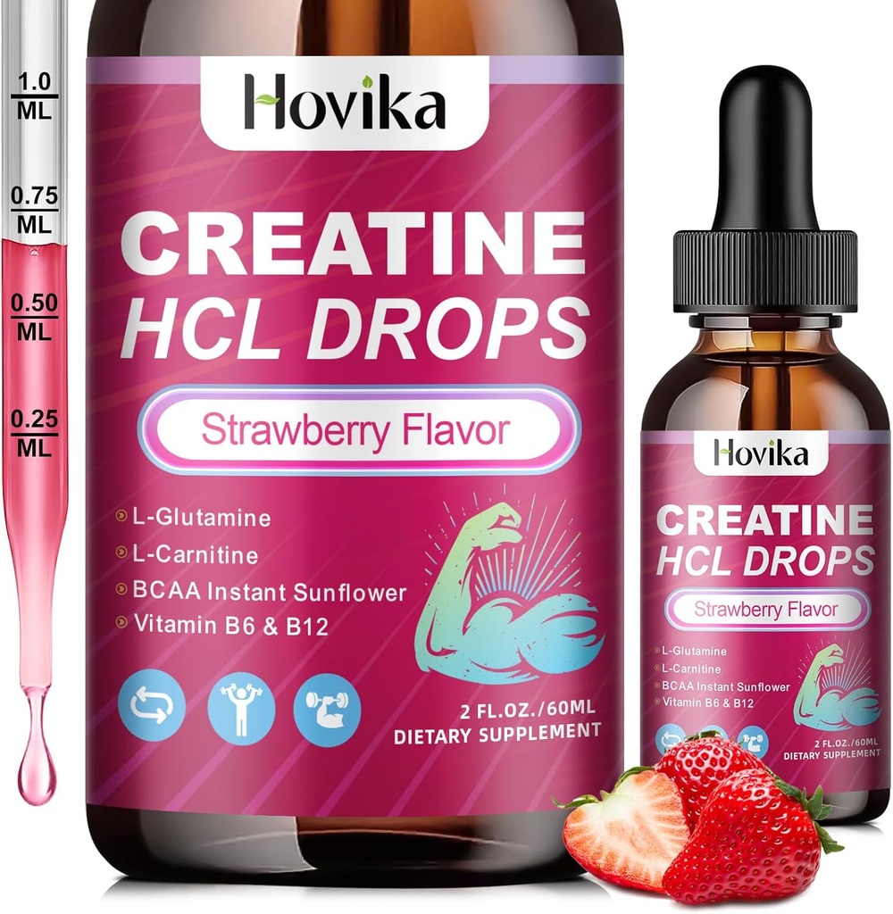 Creatine HCL Liquid Drops for Men & Women, Creatine Hydrochloride with L-Carnitine, L-Glutamine, BCAA, Vitamin B12 & B6 for Muscle Growth, Promote Energy & Recovery-Vegan, Strawberry Flavor, 2 Fl Oz