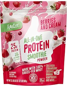 FlavCity Grass Fed Whey Protein Powder - Berries & Cream - 25g Protein &amp; 10g Collagen - Hecho con Strawberries Orgánicas &amp; Leche de coco - Gluten Gratis &amp; No Añadido Sugares (20 Servings)