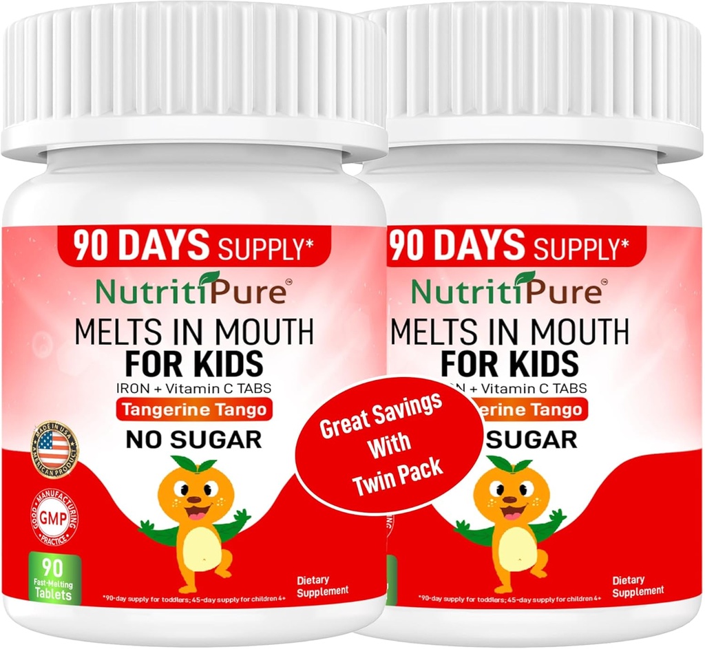 Suplementos de Hierro Chewable para Niños (Ferronyl®/Carbonyl Iron 9 mg con vitamina C 30 mg) Tablet in Tangerine Tango Orange Flavor Kids Suplemento 90 Conde (2 Botellas)