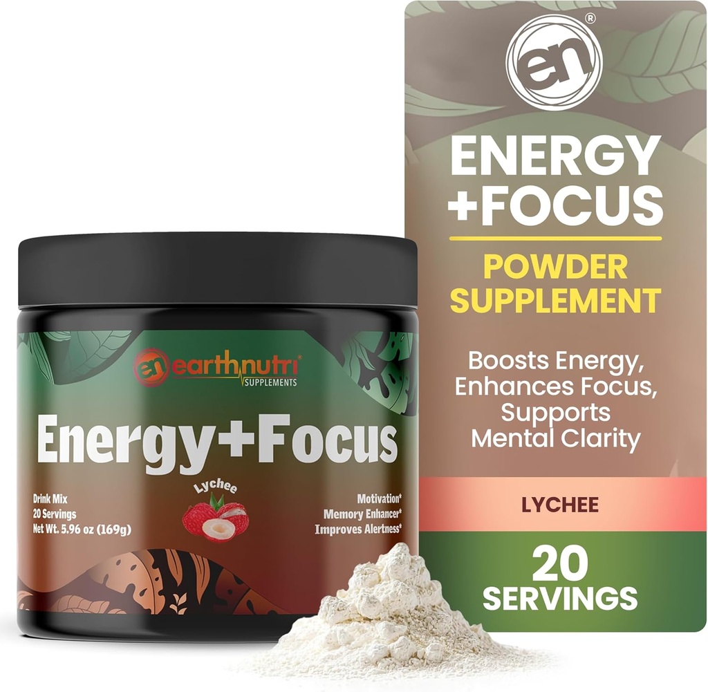EarthNutri Energy + Focus Powder Supplement - Energy Boost & Helps Concentration with PeakO2, AlphaSize, Cognizin, PurCaf, Theacrine, Acetyl L-Carnitine L-Tyrosine – Lychee Flavor - 20 Servings (171g)