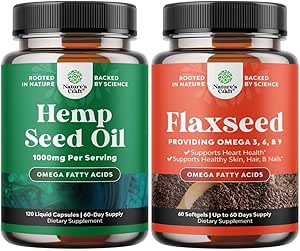 Bundle of Natural Hemp Seed Oil Capsules and Omega Flaxseed Oil 1000mg Softgels - con ácidos grasos esenciales para el soporte conjunto - Natural Omega 3 6 9 Suplemento para la piel del cabello y uñas