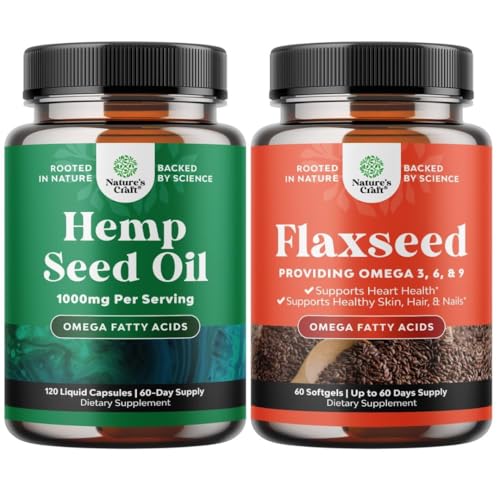 Bundle of Natural Hemp Seed Oil Capsules and Omega Flaxseed Oil 1000mg Softgels - con ácidos grasos esenciales para el soporte conjunto - Natural Omega 3 6 9 Suplemento para la piel del cabello y uñas