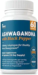 Dr. Tobias Ashwagandha Capsules, 1300mg Orgánica Ashwagandha Root Extract Por Serving with Black Pepper, Calming Adaptogen, Energy & Focus Supplement, 60 Vegetarian Capsules