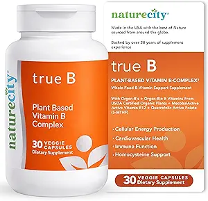 NatureCity True-B Plant-Based Super B Suplemento Complejo de Vitamina ←Fabricación de plantas enteras oraganicas certificadas con folato activo y vitamina B12 - (30 cápsulas vegetales)