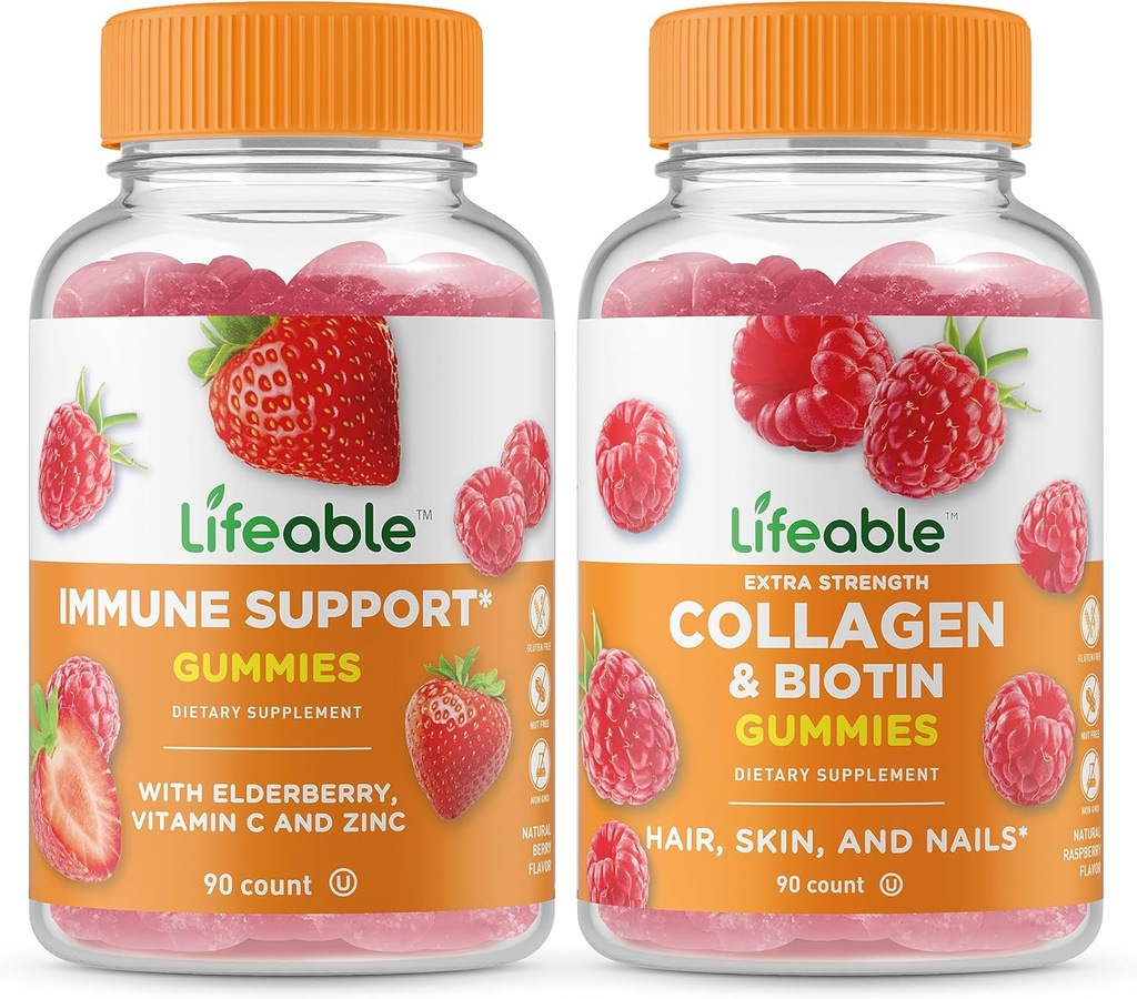 Lifeable Immune Support + Collagen &amp; Biotin, Gummies Bundle - Great Tasting, Vitamin Supplement, Gluten Free, GMO Free, Chewable Gummy