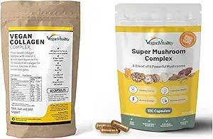 Vegan Vitality Nutrition Booster Bundle - Super Mushroom Complex y Collagen Booster. Fórmula de alta resistencia basada en plantas para la piel, el pelo, la inmunidad y la salud general para los veganos y los vegetarianos