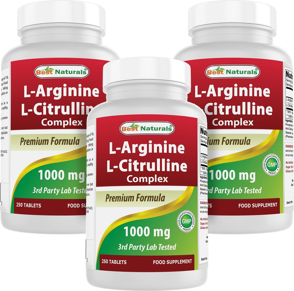 Best Naturals L-Arginine L-Citrulline Complex 1000 mg 250 Tablets (250 Count (Pack of 3))