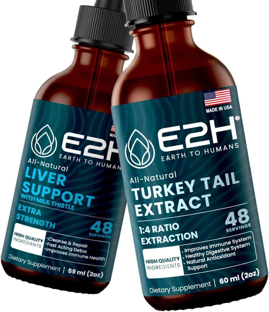E2H: Suplemento de soporte para el hígado y Turquía Extracto de setas de uñas ← Vegan, Non-GMO - 2 Fl Oz Cada (4 Fl Oz Total) - Bundle
