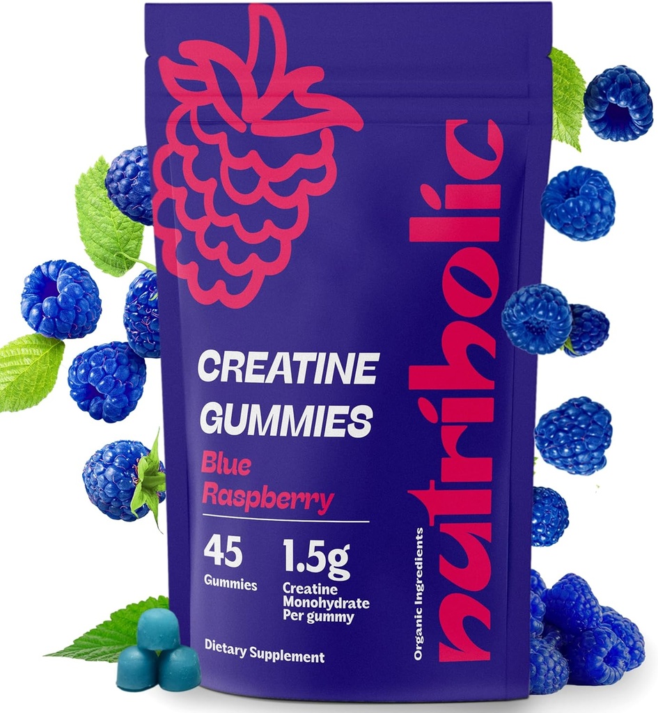 Cretina Monohydrate Gummies para Hombres y Mujeres - Fácil de digerir, Vegan, Libre de gluten, No GMO, 1,5g de Creatina por Gummy - 45ct (45 Conde, Blue Raspberry)