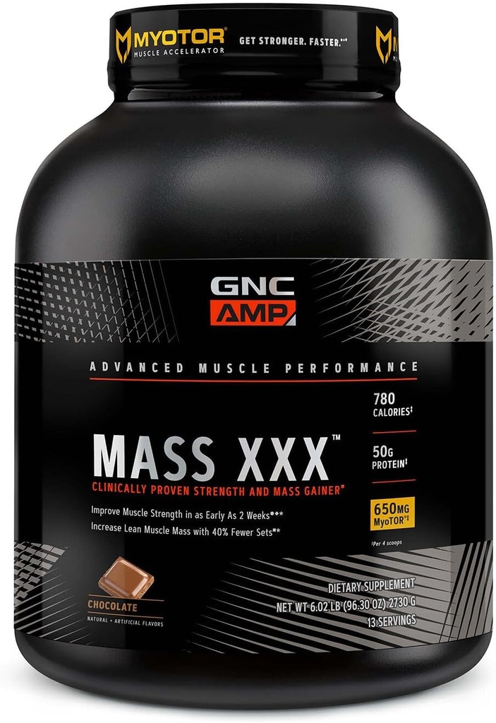 GNC AMP Mass XXX, Clinically Proven Weight Gainer Protein Powder, Improves Strength and Size, 780 Calories, 50g Protein, Micronized Amino Acids, Creatine, Betaine, Chocolate, 13 Servings, 6 Pounds