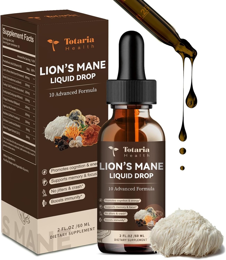 Lions Mane Supplement - Organic Lion's Mane Mushroom Supplement Extract Liquid Drops Powder - Brain Support Immune Memory Focus Non-GMO, Gluten-Free, Vegan Natural Tincture Superfood
