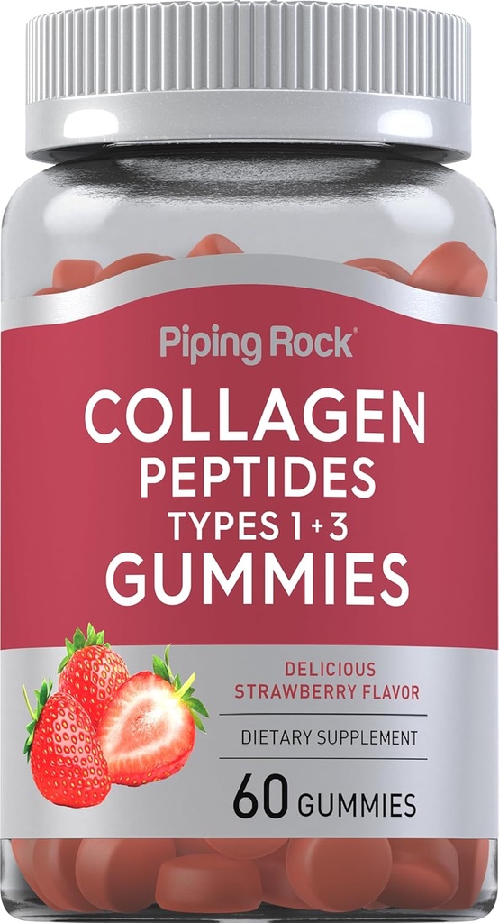 Piping Rock Collagen Gummies  60 Conde ← Collagen Peptides Tipo 1 y 3 ← Strawberry Flavor ← Bovine Supplement latitud Non-GMO, Gluten Free