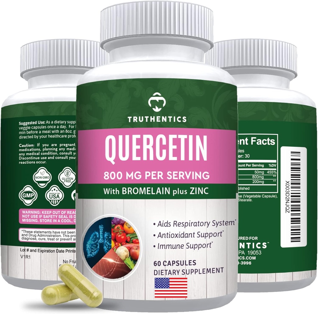 TRUTHENTICS Quercetin with Bromelain and Zinc 1050mg - Premium Zinc Quercetin Supplements for Immune, Respiratory &amp; Seasonal Support - Non-GMO, Gluten Free - 60 Veggie Capsules