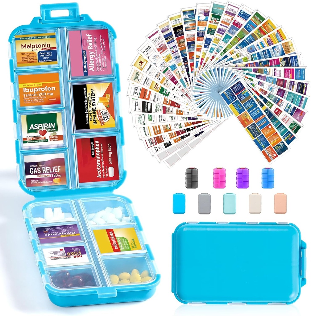 14 Grids Travel Pill Organizer Box con 415-Pcs Medicine Name Labels - Pocket Daily Pharmacy Case Container Kit - Travel Medication Holder Dispenser for Fish Oil Vitamin Storage Supplement - Blue