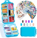 14 Grids Travel Pill Organizer Box con 415-Pcs Medicine Name Labels - Pocket Daily Pharmacy Case Container Kit - Travel Medication Holder Dispenser for Fish Oil Vitamin Storage Supplement - Blue