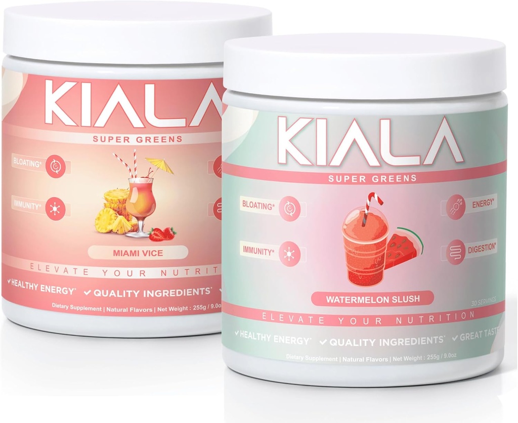 Kiala Nutrition Super Greens, Orgánica Greens Powder, Spirulina & Chlorella Superfood Powder, Sugar &amp; Gluten Free Vegan, Spectra Blend, Miami Vice, Watermelon Slush 2 Pack