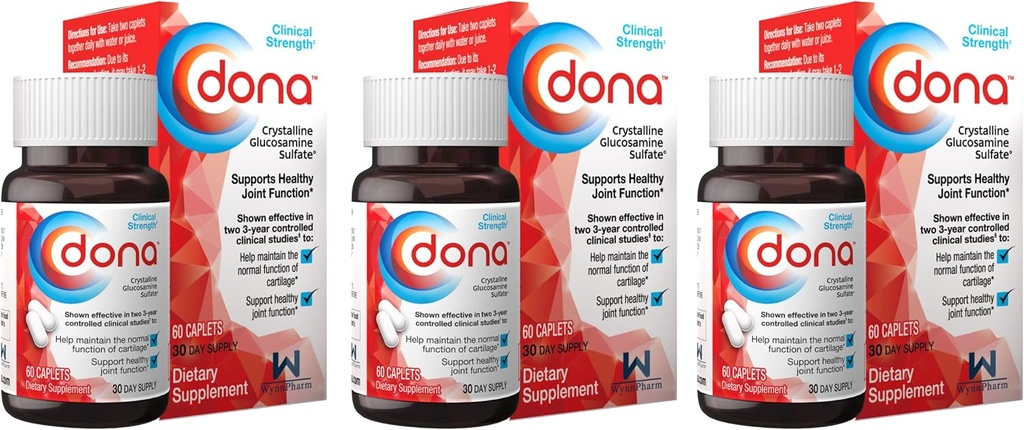Dona Crystalline Glucosamine Sulfate, 750 Mg, Joint Supplement Pills for Knee Comfort & Joint Health Support, 750 Mg, 60 Count (3 Pack)