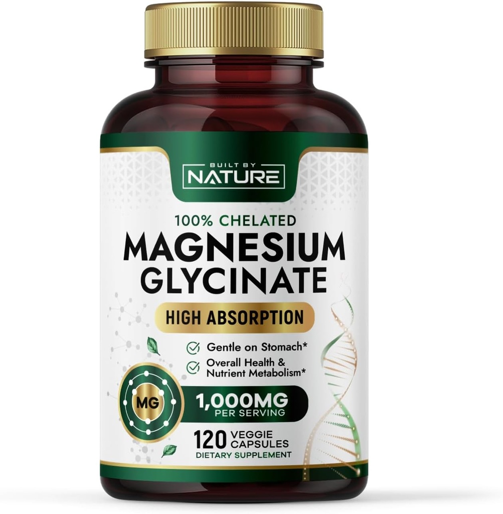 Construido por Nature Magnesium Glycinate 1000mg – Suplemento Magnesio de alta absorción – 100% Chelated, Gentle on Stomach - Muscle, Heart, Bone & Relax Support - Non-GMO, Vegan - 120 cápsulas