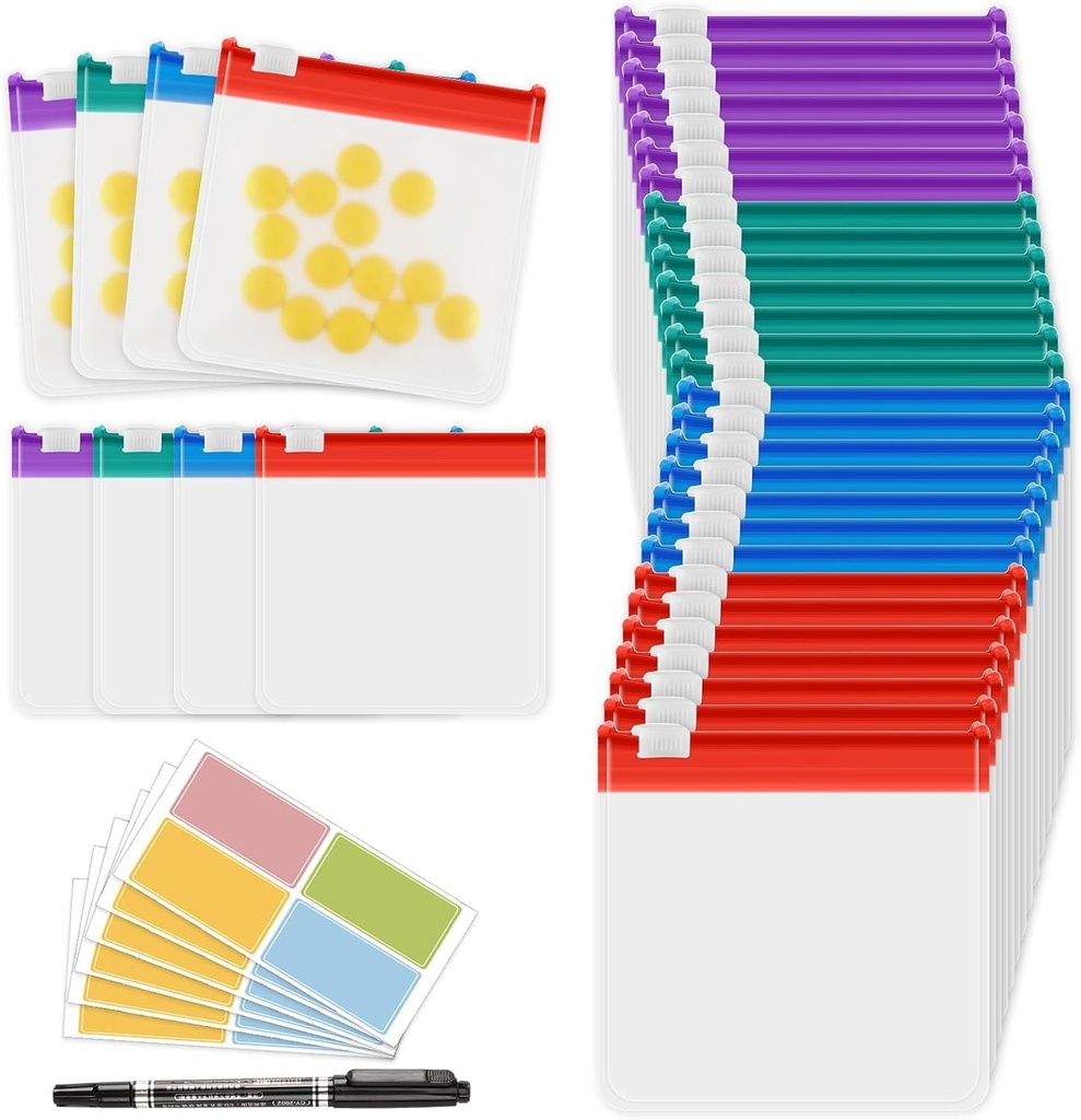 MARFOREVER 39 Pcs Pill Pouch Bags Set - Pill Bags Travel Pill Organizer Reusable Medicine Organizer Pills Storage Pouches Self Sealing 28 Pcs Plastic Medicine Bags 10 Sheets Labels and 1 Pc Marker