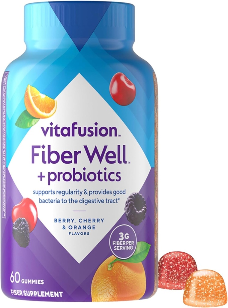 Vitafusion Fiber Well + Probiotics Gummies for Adults – 3g Fiber per Serving for Digestive Health and Probiotics*, 60 Con