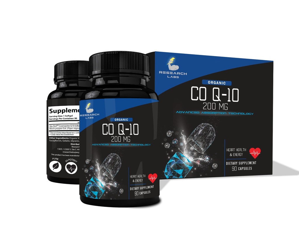 Laboratorios de Investigación Absorción avanzada 200mg CoQ10 w/Black Pepper Extract. 90 Softgels. Organic, Gluten Free, Heart Health Support, Energy Production, Antioxidant Supplement