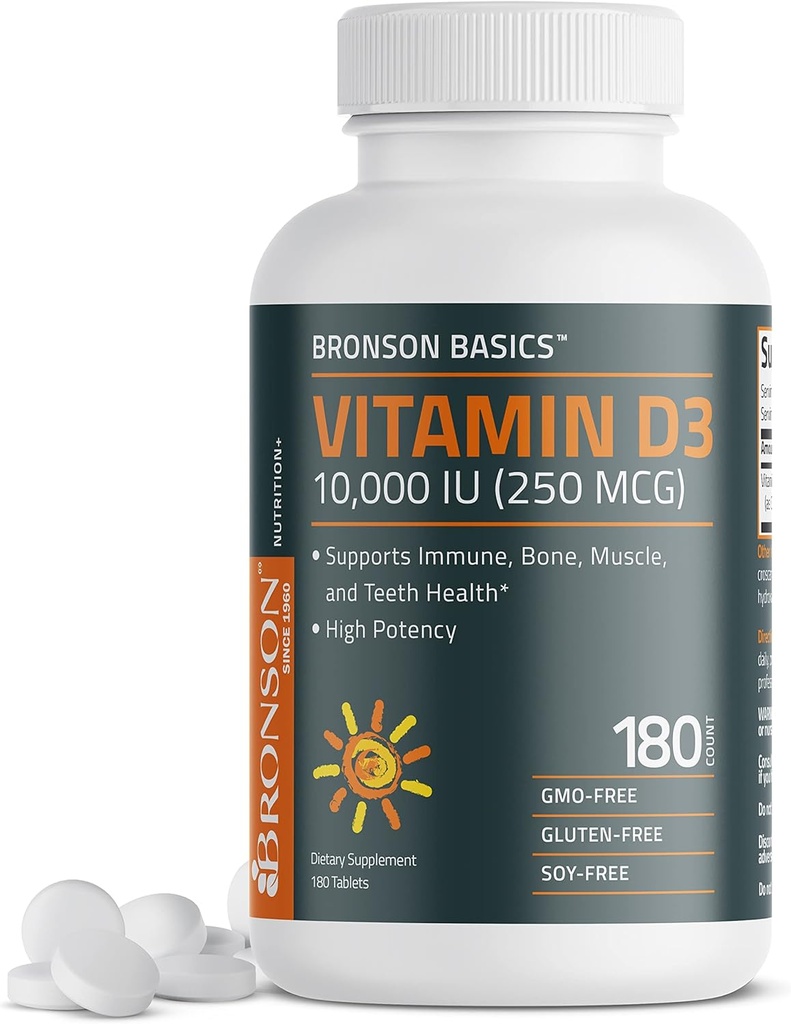 Vitamina Bronson D3 10,000 UI (250 MCG) para funciones musculares saludables y soporte inmunológico, no GMO, 180 tabletas
