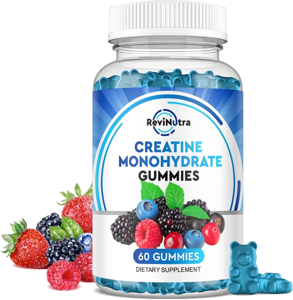 Monohidratos de crema para hombres y mujeres, Monohidratos de crema con vitamina B12 para el crecimiento muscular y recuperación vegana, sabor a baya mixta, 60 gummies
