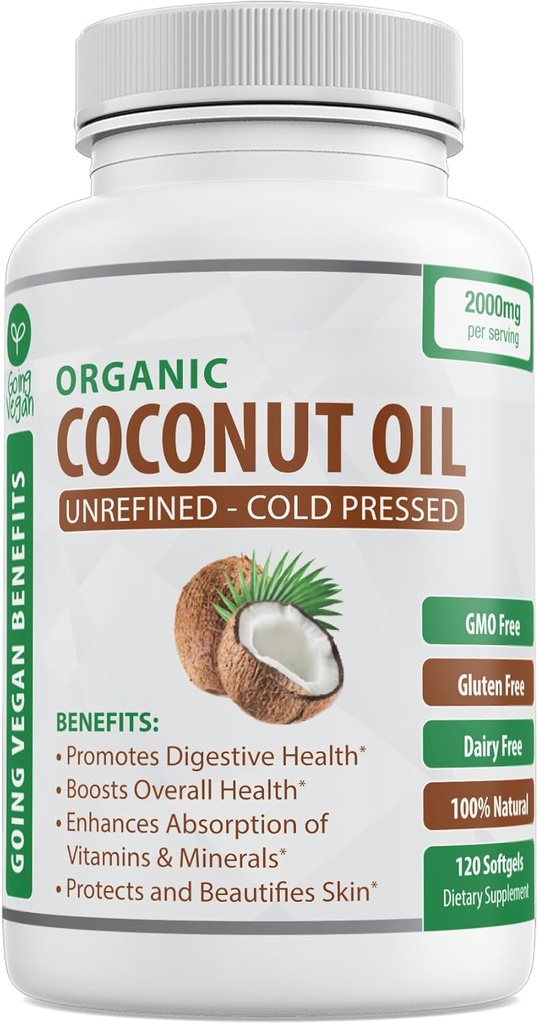 Ecologic Coconut Oil Capsules 2000mg - 100% Extra Virgin, Cold Presionado para la piel sana, crecimiento extra del cabello, cuidado de uñas, botadura cerebral - 120 Softgels - Píldoras no refinadas Pura " No GMO - Rico en MCT