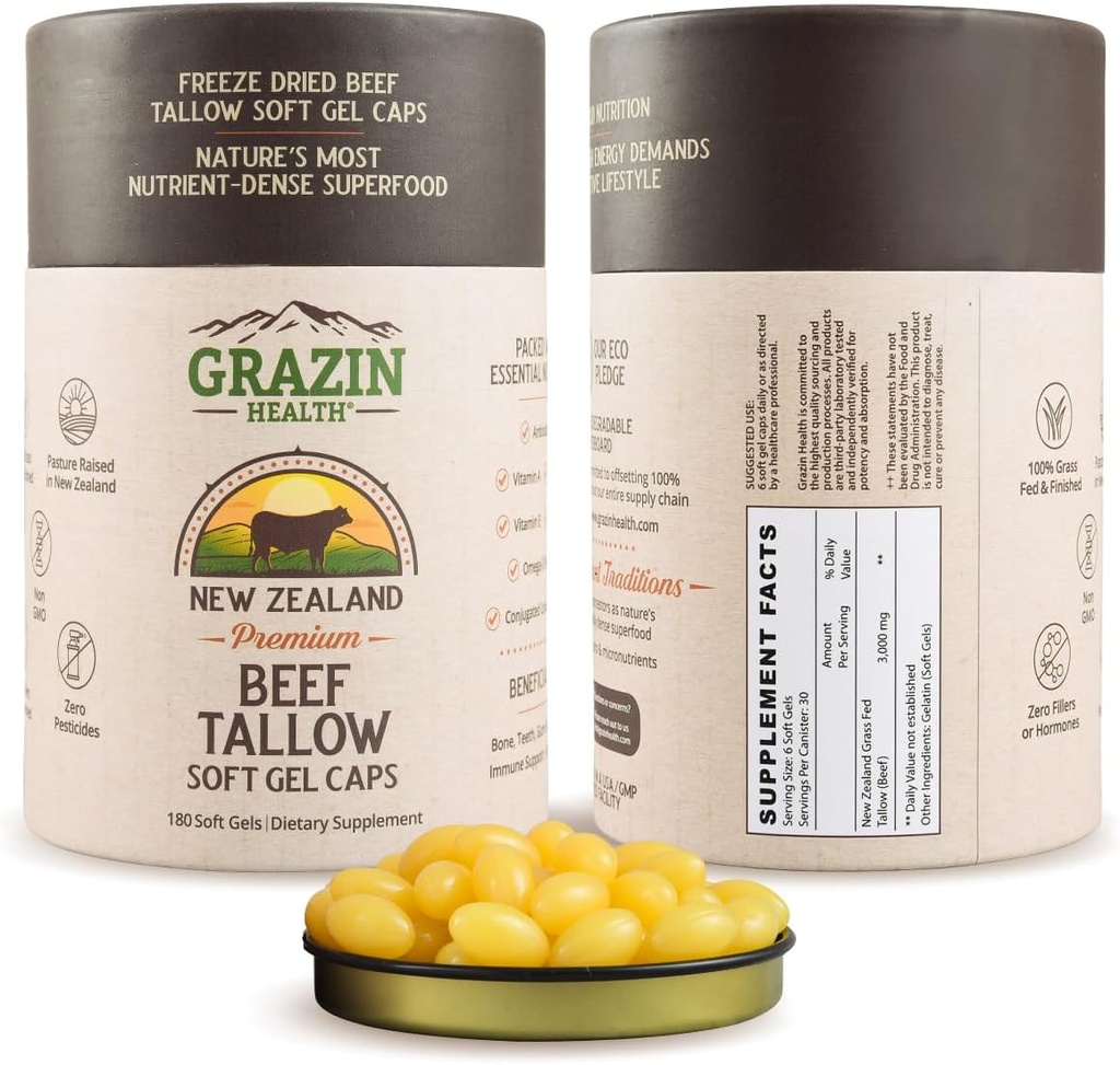 Grass-Fed Beef Tallow Capsules – 3000 mg Por Serving  durable Pasture-Raised, Grass-Finished (Nueva Zelanda) Silencio Non-GMO, No Fillers or Flow Agents confidencialidad cGMP Manufactured ← 30-Day Supply