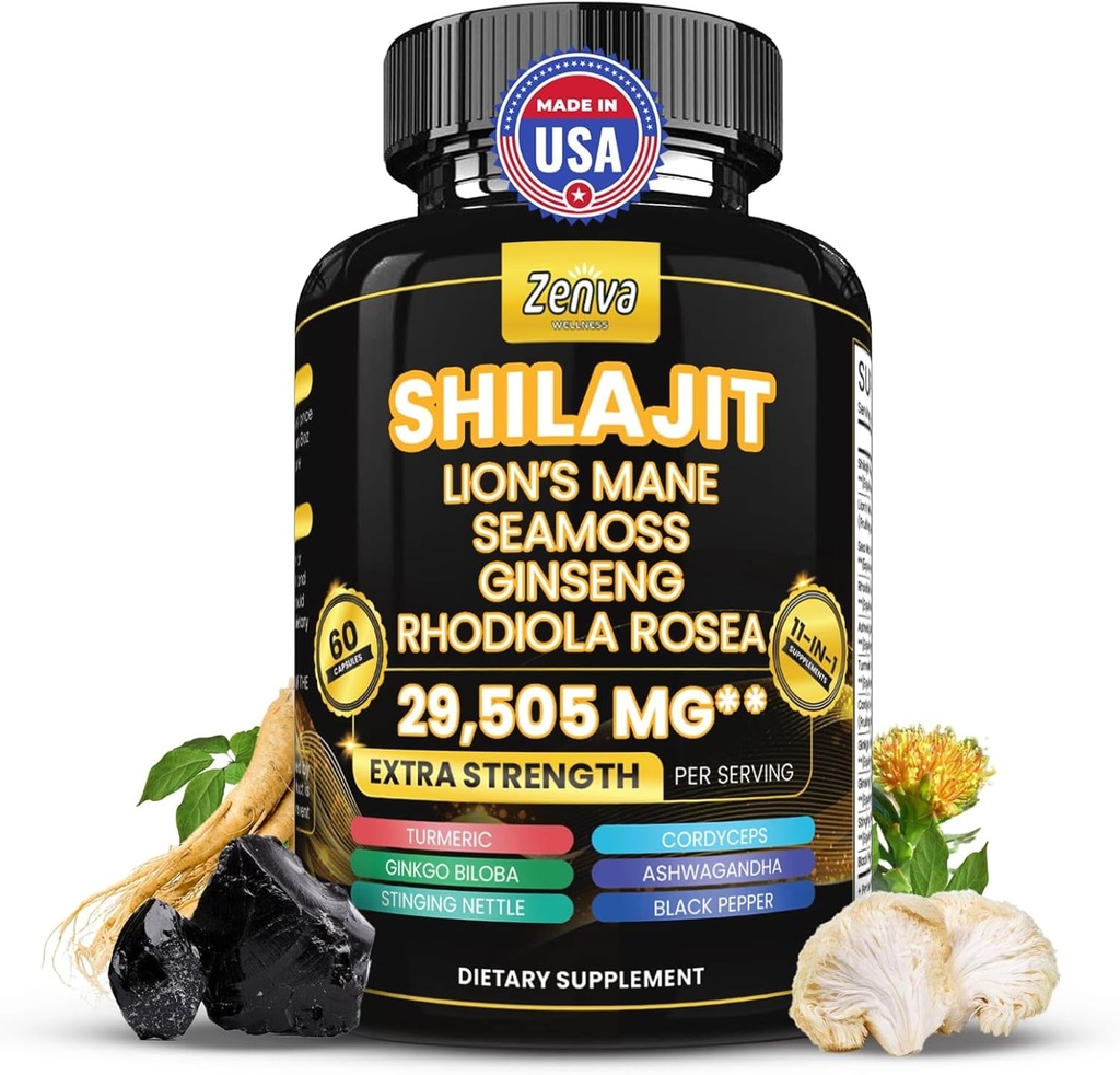 Shilajit y Moss Mar Combo Puro Shilajit para Hombres y Mujeres Himalayan Shilajit Capsules Extra Strength with Lions Mane, Rhodiola Rosea, Ashwagandha, Cordyceps, Ginseng Plus Turmeric