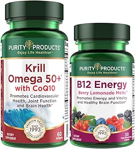 Purity Products Bundle - Krill Omega 50+ con CoQ10 + B-12 Energy Melt - Krill Omega 50+ con CoQ10 (Krill Oil, Fish Oil, CoQ10, Vitamina D) B-12 Berry Melt (Methylcobalamin B12 + B6 + D3 + Más)