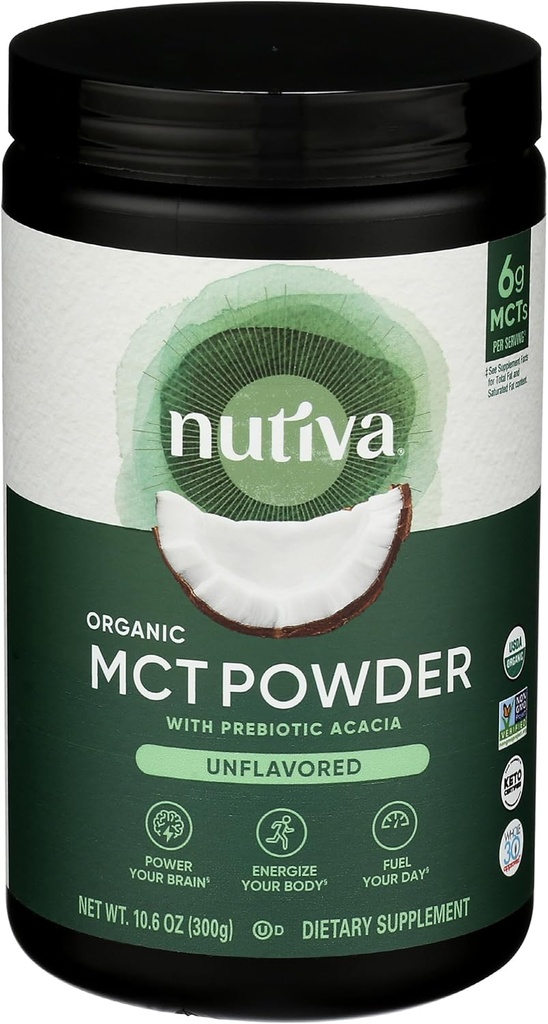 Nutiva Organic MCT Polvo con fibra de acacia prebiótica, clásico, 10.6 Oz, USDA Organic, Non-GMO, Non-BPA, Vegan, Gluten-Free, Keto & Paleo, Beverage instantáneo o Boost to Coffee &amp; Smoothies