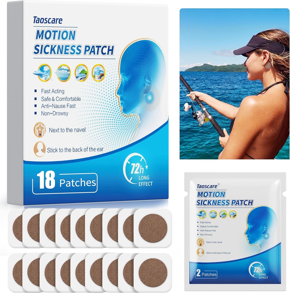 Motion Patches de Enfermedad para Crucero, Sea Sickness Patch for Dizziness Vertigo &amp; Nausea Relief, Kids and Adults Travel Essentials for Cruise/car/Airplane/Amusement Park Trip (18 Conde)