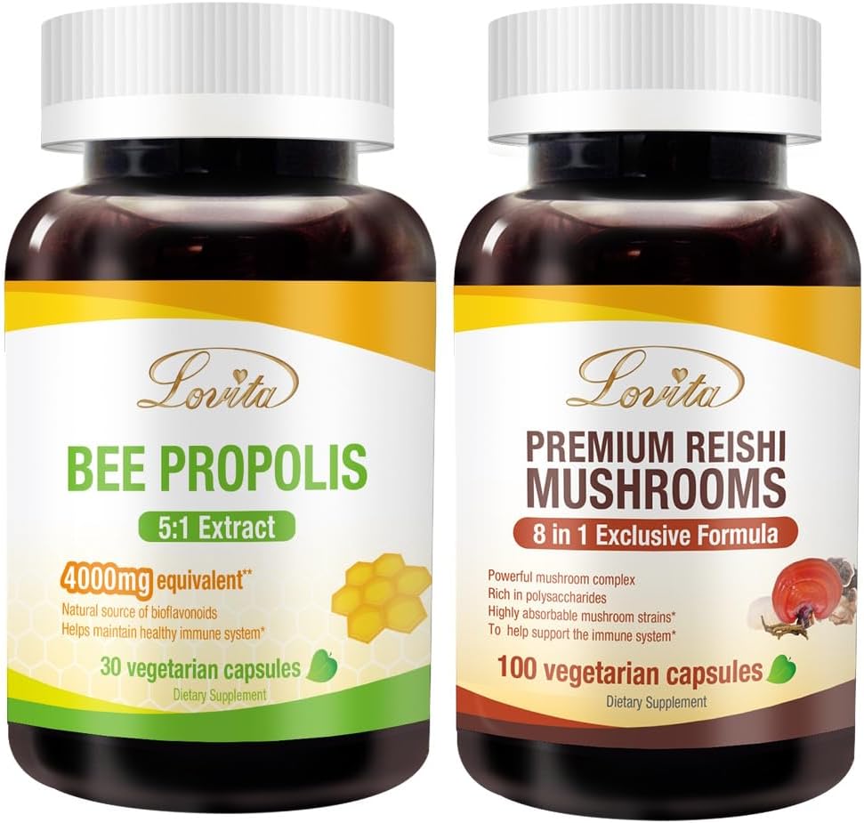 Lovita Bee Propolis Capsule & Premium Reishi Mushrooms Nutrients Bundle. Suplemento dietético apoya una mejor nutrición &amp; bienestar general